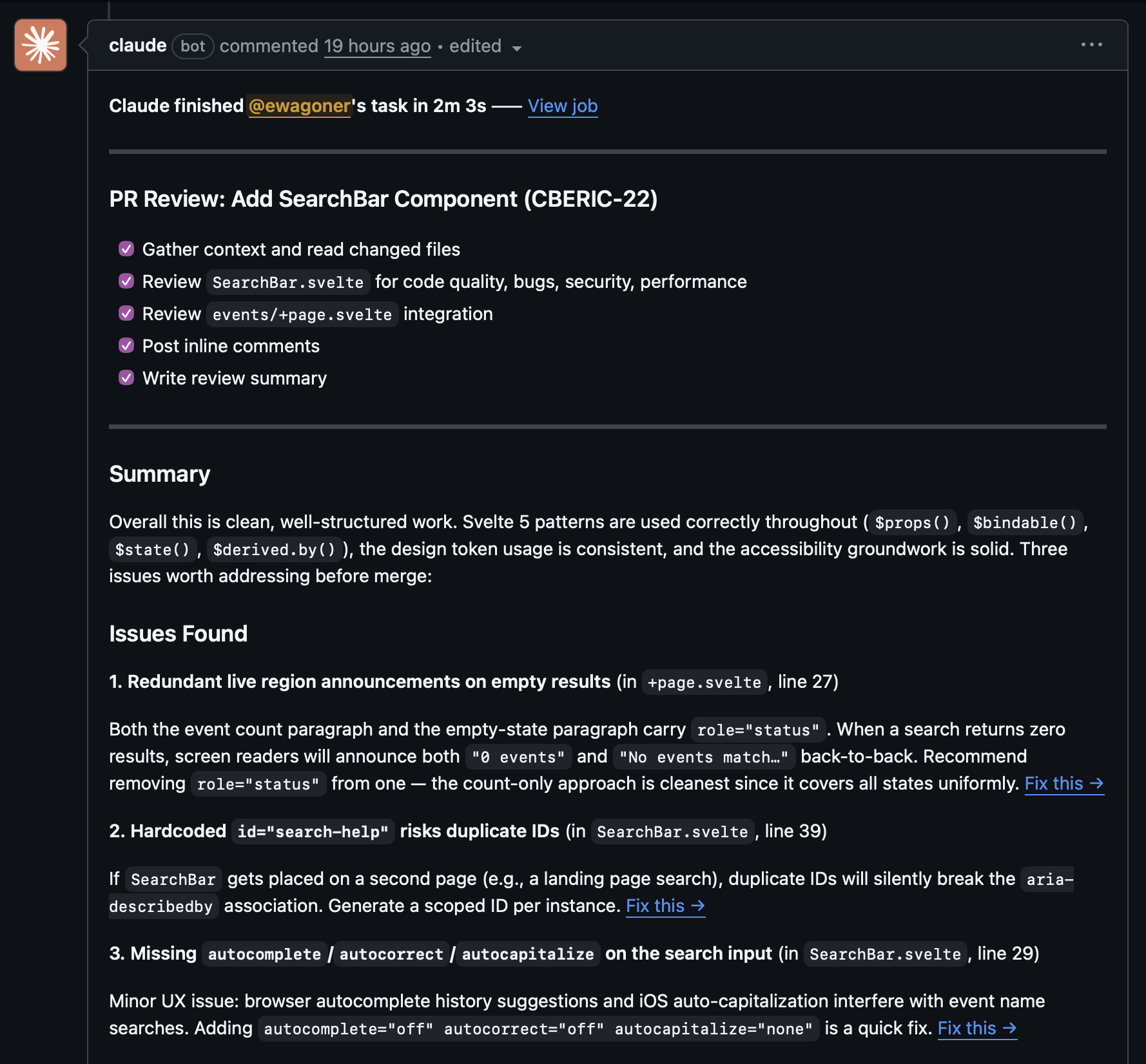Claude&rsquo;s automated PR review on the SearchBar component, showing three issues found with specific line numbers: redundant live region announcements, hardcoded IDs risking duplicates, and missing autocomplete attributes. Each issue has a &ldquo;Fix this&rdquo; link.