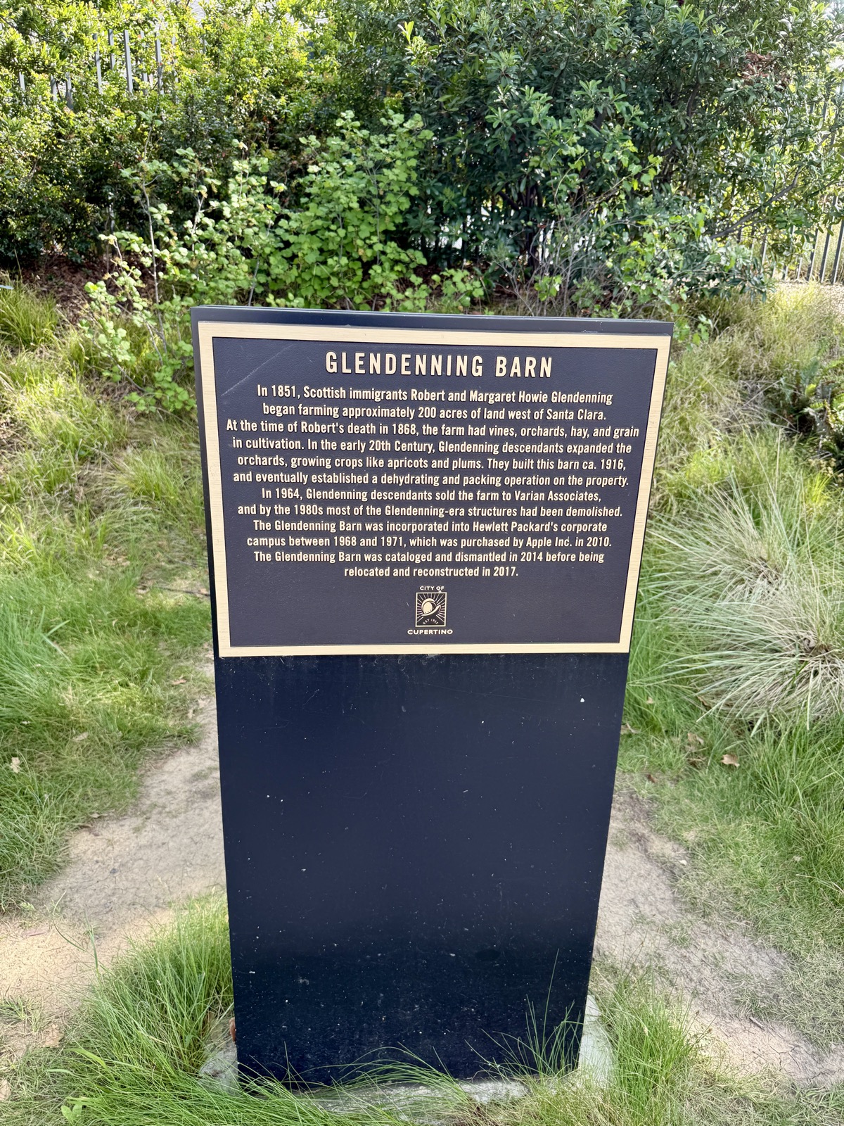 A black metal pedestal sign with a gold border and gold lettering, set in tall grass before a wall of green shrubs. The upper half is a dense block of readable text headed &ldquo;Glendenning Barn&rdquo;; below it is the City of Cupertino seal. The lower half of the pedestal is blank.