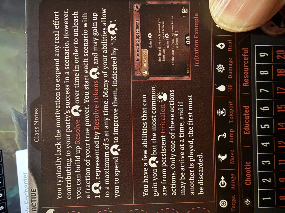 A boxed game character mat headed &lsquo;Class Notes&rsquo; in cream text on dark maroon. The notes explain building up Resolve tokens and playing persistent Irritation actions, with a small inset card labeled &lsquo;Interesting Specimens.&rsquo; A row of ability icons across the bottom reads Target, Range, Move, Jump, Teleport, HP, Damage, and Heal, above three trait words: Chaotic, Educated, and Resourceful.