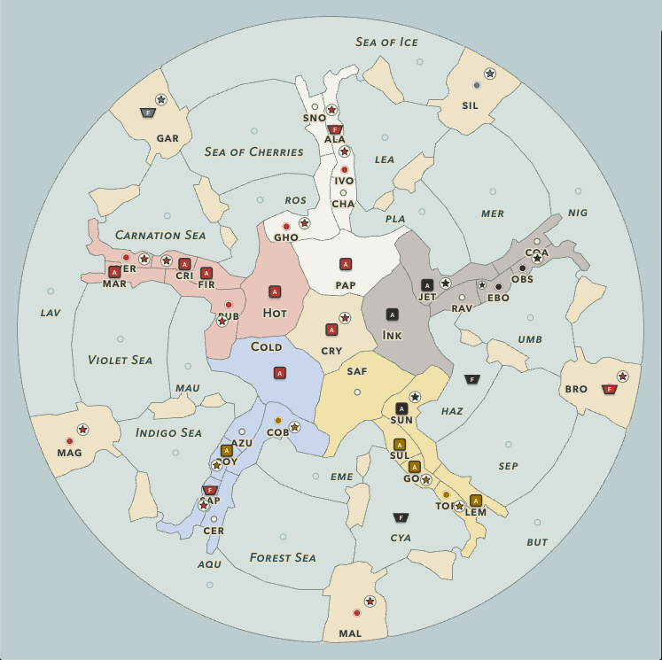 The Chromatic board in Dip: a circular map where five colored, Italy-shaped peninsulas radiate like spokes from a shared center, ringed by seas and small island supply centers, with red armies spread through the middle of the wheel.