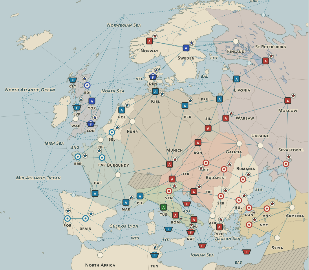 The final board of a Dip game: Austria's red armies and fleets stretch from Norway and St Petersburg across Warsaw, Munich and Vienna down through the Balkans, Turkey and southern Italy, while France holds the west and England clings to Britain and Sweden.